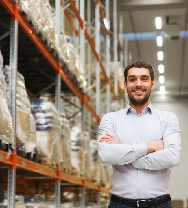 Warehouse manager standing between stocked shelving racks in a distribution centre